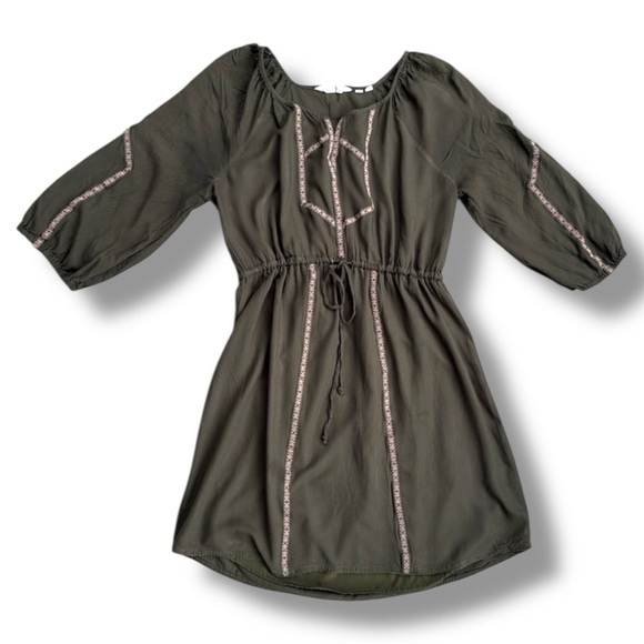 Anthropologie Edme and Esyllte Olive Peasant Boho Dress W Ribbon Trim Medium - Picture 2 of 12